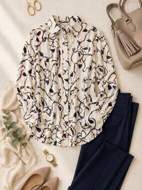 Talbots Petites Equestrian Print Button Down Shirt 8P Stretch